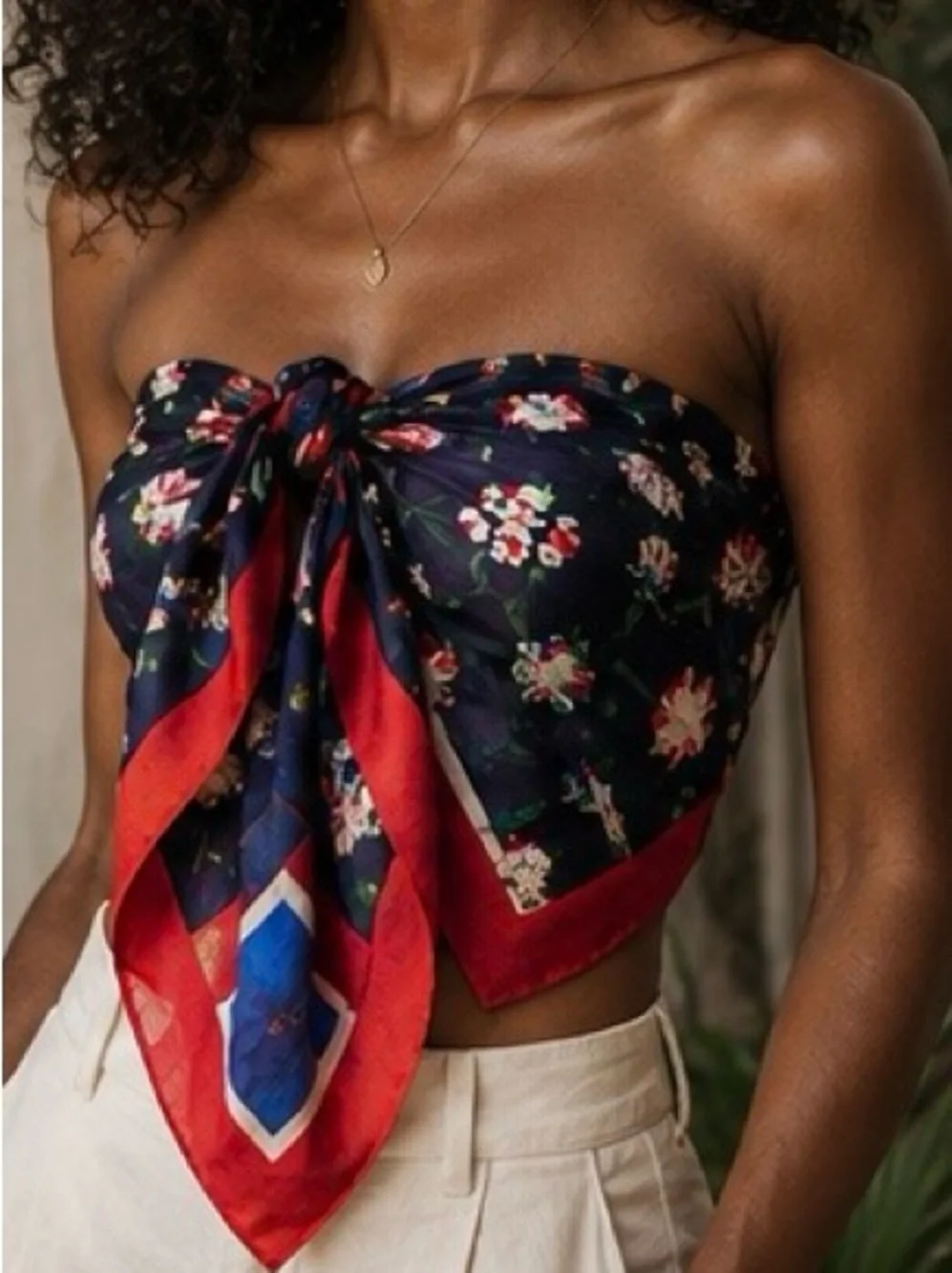 Vintage Floral Navy and Red Silk Scarf
